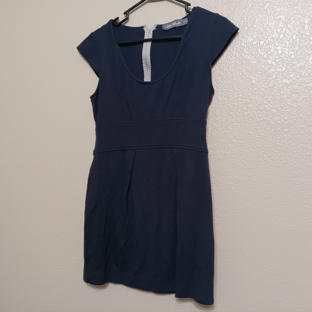 Callula Lillibelle Navy Blue Stretch Knit Dress Gray Piping